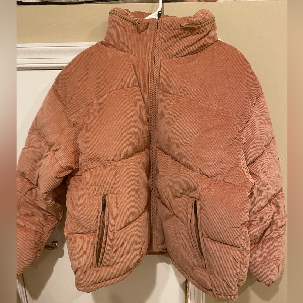 American Eagle Pink Corduroy Puffer with Zipped-In Hood
